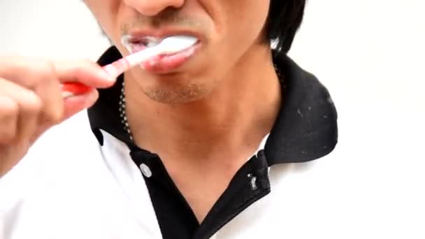 Asiático Homem Tem Escova Dentes Manhã — Vídeo de Stock