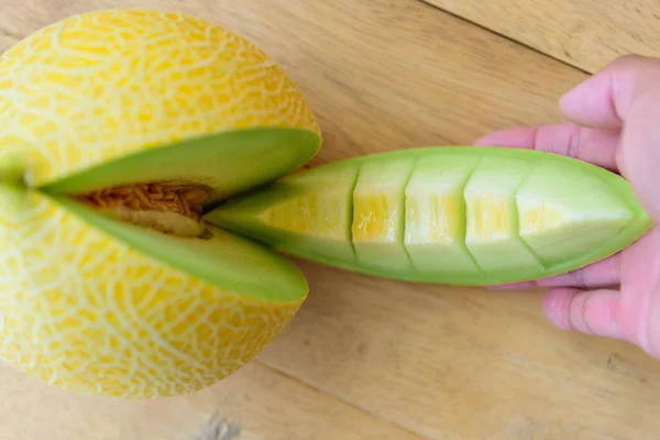 Fresh Yellow Galia Melon Wood Plate — Stock Photo, Image