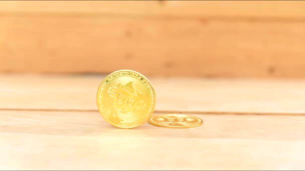 Stop Motion Der Bitcoin Goldmünze Bewegt Sich Auf Holzplatte — Stockvideo