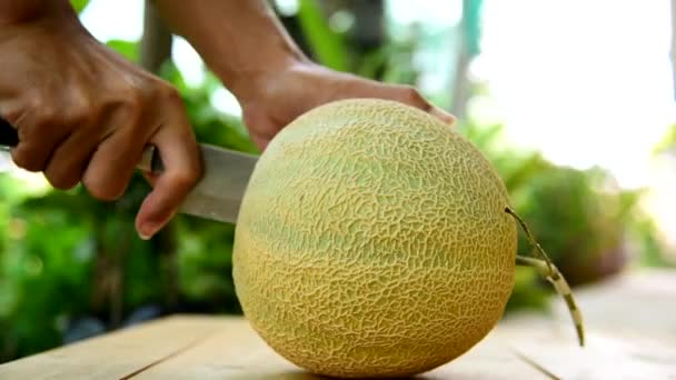 Der Mann Spaltete Mit Einem Messer Die Orangefarbene Melone Auf — Stockvideo