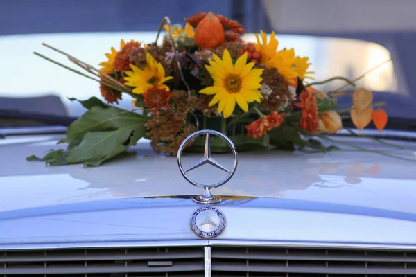 婚礼花后面白色奔驰W123眼镜蛇标志车的引擎盖 结婚周年纪念日的花束在车顶上 映衬着洁白的油漆 — 图库照片