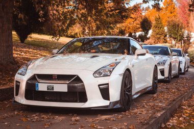 Vallines, Cantabria, İspanya - 23 Ekim 2020: Beyaz Nissan GT-R Cantabria 'da düzenlenen bir süper spor araç sergisi sırasında park edildi. Nissan GT-R, Nissan tarafından Aralık 2007 'de Japonya' da piyasaya sürülen spor otomobil.
