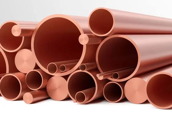 Close Copper Pipes Different Sizes Piled Rendering — Stock Photo, Image