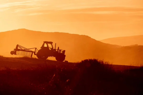 Tracteur Dans Champ Ferme Coucher Soleil Contre Jour Tons Chauds — Photo