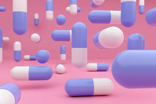 Pek çok ilaç kapsülü renkli bir ortamda yüzüyor. 3d hazırlayıcı