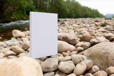 Nehrin taşlarına tünemiş boş kapaklı beyaz kağıt. Balık tutma üzerine kitaplar. Metin eklemek için beyaz boşluk.