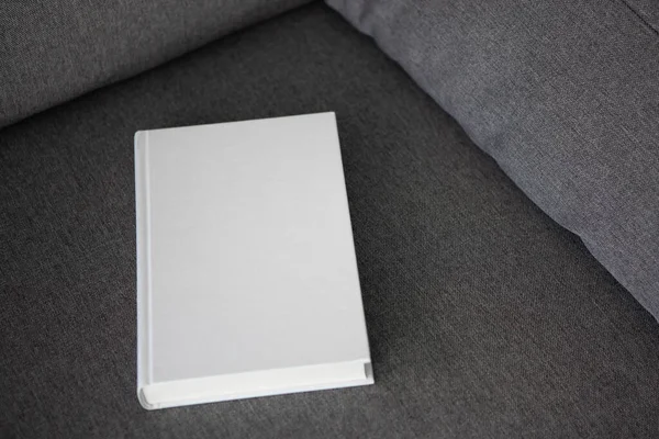 有空白封面和灰色沙发上的空封面的书 — 图库照片