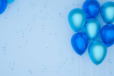 mavi renkli balonlar, mavi arkaplan 3D illüstrasyon.