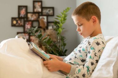 Çocuk evde bir kitap okuyor. Yatmadan önce, öğrenci yatakta uzanıyor ve ansiklopedi çalışıyor. Ek eğitim