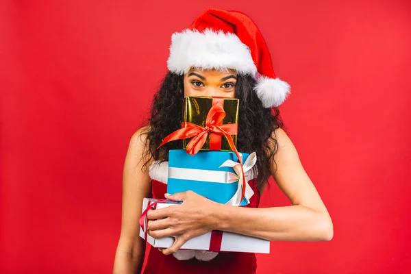 Beautiful Smiling Happy African American Black Woman Santa Claus Clothes — Stock Photo, Image