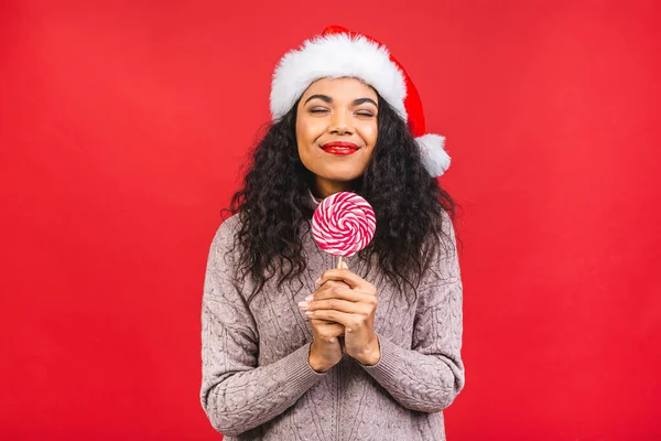 Portrait Beautiful African American Female Woman Model Wearing Santa Hat — Stock Photo, Image