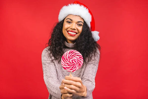 Portrait Beautiful African American Female Woman Model Wearing Santa Hat — Stock Photo, Image