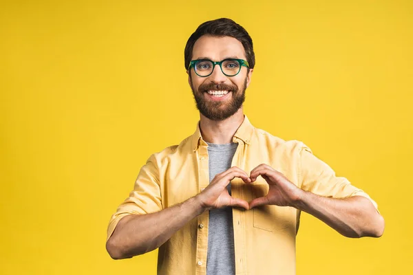 Portrait Positive Cheerful Guy Have Date His Girlfriend Make Heart Royalty Free Stock Photos