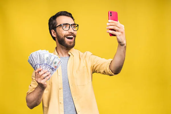 Happy Winner Excited Young Bearded Man Casual Holding Lots Money Stock Photo