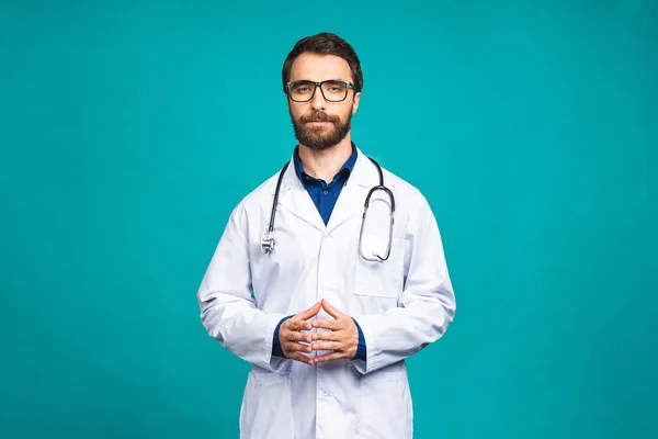 Portrait Young Bearded Doctor Stethoscope Neck Medical Coat Standing Isolated Royalty Free Stock Images