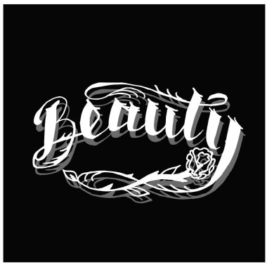  Siyah arkaplanda beyaz harfli güzellik, kısa kart, duvar, hesap, izole edilmiş el çizimi.