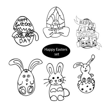  Vector set harfleri ve tatlı tavşanlar, yumurtanın içindeki tavşan Mutlu Paskalyalar siyah beyaz, el çizimi, kart için, bahar bayramı
