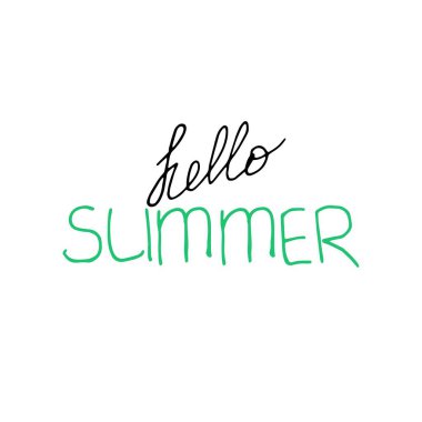  Vektör harfleri çizim cümlesi Merhaba yaz, beyaz arka planda siyah ve yeşil, kart, poster, pankart ve tasarım için