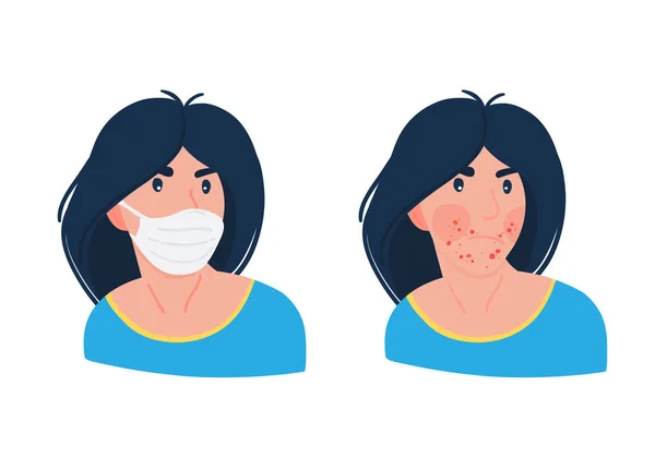 Woman having problems with acne caused by face mask. Face mask and acne maskne. — Stock Vector