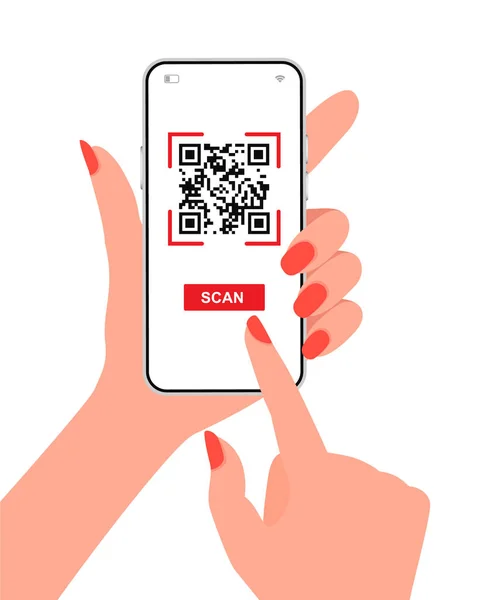 Smartphone scanning qr code. Hand using mobile smart phone scan qr code mockup template for your design. — Stock Vector