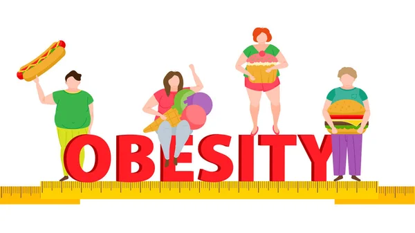 Conceito de obesidade. Pessoas com excesso de peso e estilo de vida insalubre e sedentário. Comida rápida. Conceito de maus hábitos. —  Vetores de Stock