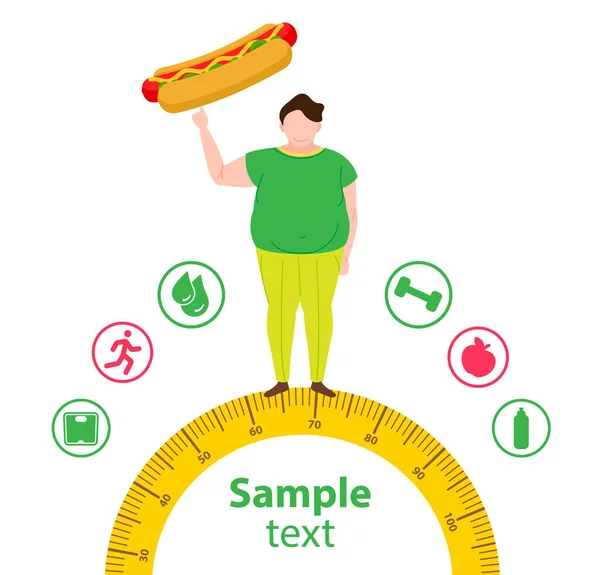 Grassi uomini. L'uomo in sovrappeso conduce uno stile di vita malsano e sedentario. Fast food. Dieta e stile di vita concept poster. — Vettoriale Stock