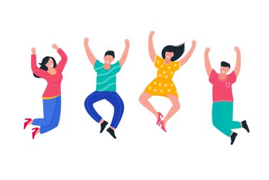 Gençler zıplıyor ve eğleniyor. Parti, spor, dans, mutluluk ve başarı için düz pozitif insan yaşam tarzı tasarımı. 