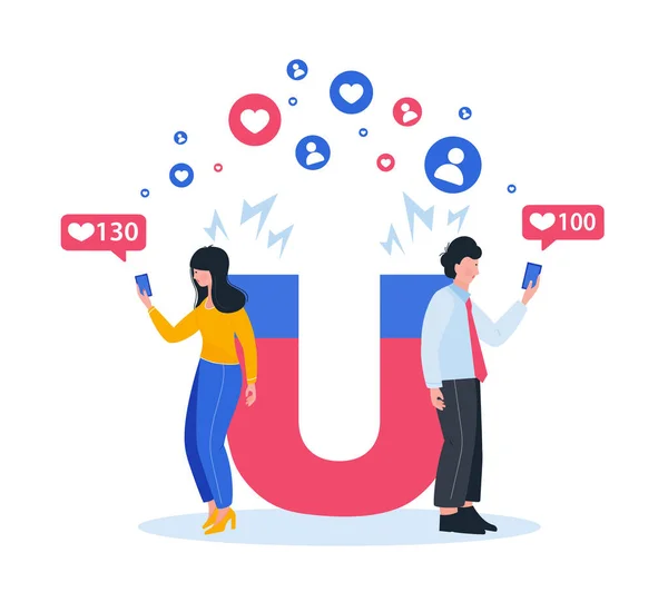 Skapa nya leads reklam strategi. Marknadsföringsmagnet engagerande anhängare. sociala medier gillar. — Stock vektor