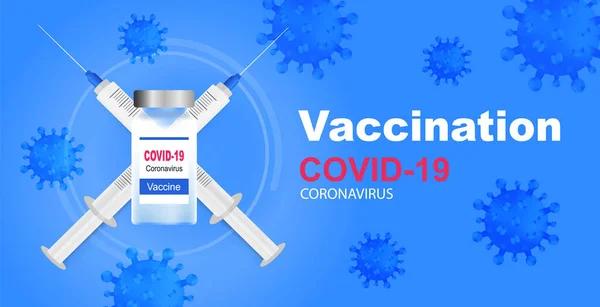 Bakgrund till informativ vaccination med coronavirus. Injektionsflaska med Covid-19 vaccin och injektionsvätska Fri vektor. — Stock vektor