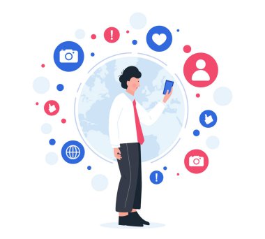 Sosyal ağlar. Akıllı telefon tutan adam. İnternet iletişimi.