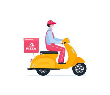 Pizza teslimatı. Düz vektör çizgi film karakteri olan Scooter. Hızlı kurye.
