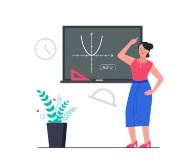 Kadın öğretmen tahtaya yakın duruyor. İzleyiciler için vektör illüstrasyonu, ders, eğitim, öğretmenlik işi kavramı.