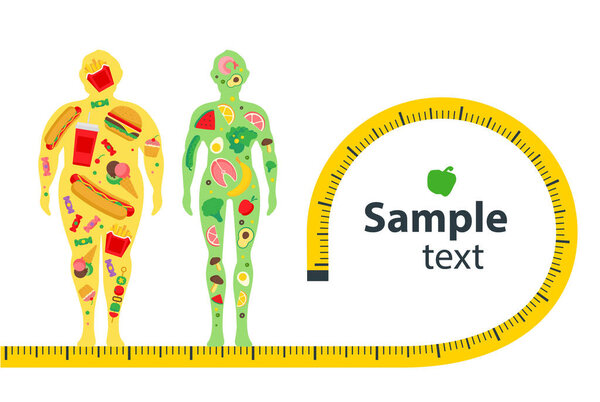 Концепция потери веса. До и после диеты и фитнеса. Толстый и худой человек. Здоровый образ жизни, здоровое питание и ежедневная рутина. Диета. Бланшировать пространство для вашего контента, искушать.