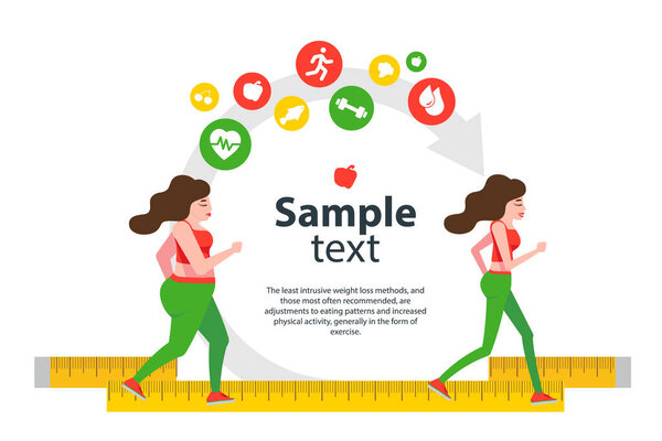 Крытый фитнес-концепция и фитнес-приложение изолировать. Плоская векторная иллюстрация спортивной девушки в спортивной одежде, делающей упражнения на беговой дорожке. Потеря веса. Бланшировать пространство для вашего контента, искушать.