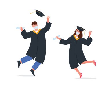 Tıp maskesi takan kız ve erkek öğrenciler. Üniversite ve üniversite mezuniyetini kutlamak.