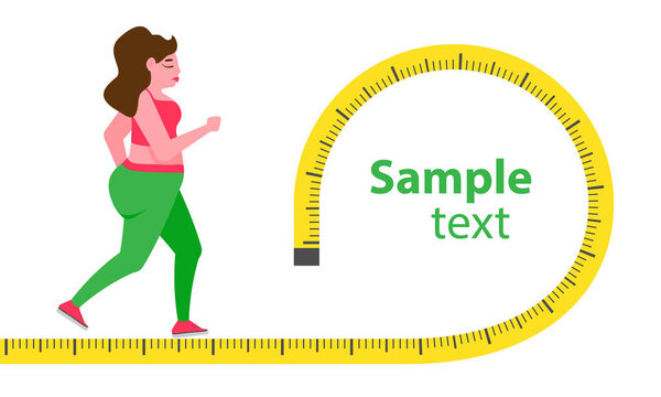Крытый фитнес-концепция и фитнес-приложение изолировать. Плоская векторная иллюстрация спортивной девушки в спортивной одежде, делающей упражнения на беговой дорожке. Потеря веса. Бланшировать пространство для вашего контента, искушать.