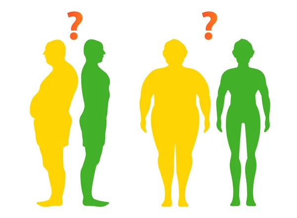 Έννοια απώλειας βάρους. Πριν και μετά τη διατροφή και τη φυσική κατάσταση. Σώμα με διαφορετικό βάρος. Υγιής τρόπος ζωής. — Διανυσματικό Αρχείο