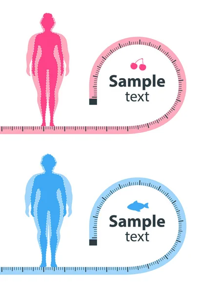 Concepto de pérdida de peso. La influencia de la dieta en el peso de la persona. Hombre y mujer antes y después de la dieta y la aptitud. — Archivo Imágenes Vectoriales