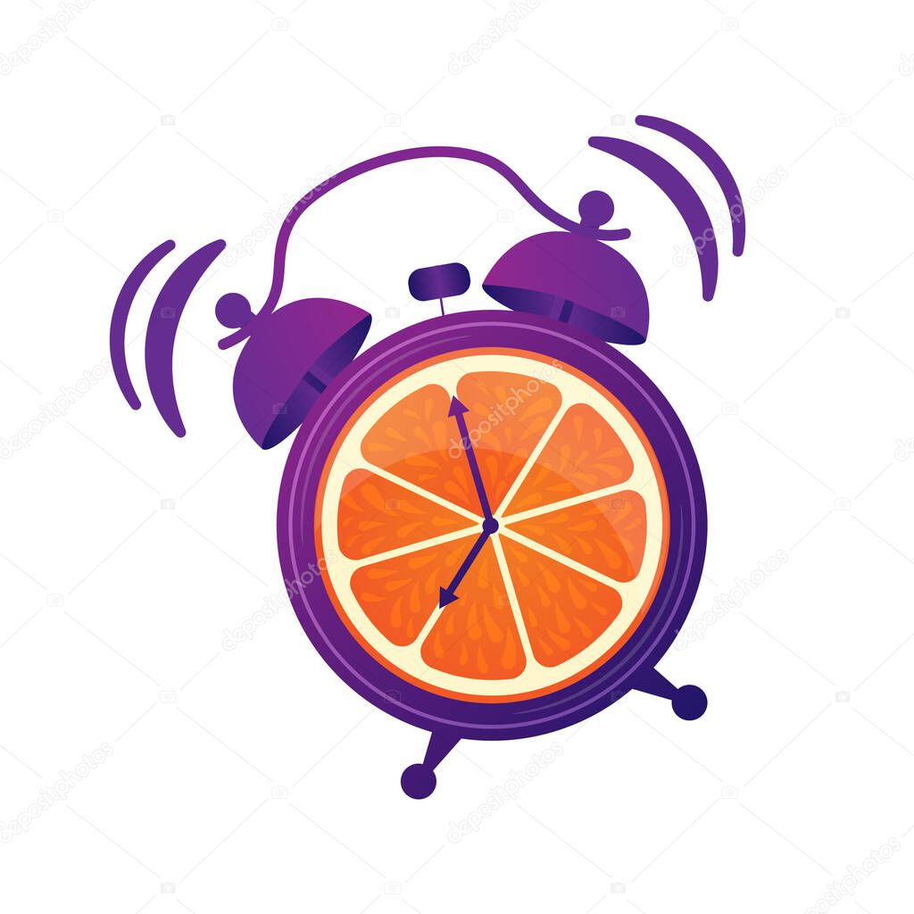 Wake up. Good morning. Good start to the day. Oranges juice for breakfast. Energetic, vitamin morning. The alarm clock rings to wake up in the morning. Cheerfulness for the whole day.