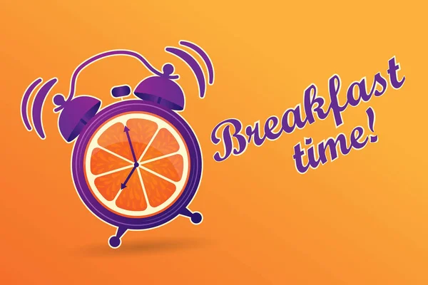 Breakfast time. Wake up. Good morning. Good start to the working day. Orange juice for Breakfast. Energetic, vitamin morning. The alarm clock rings to Wake up in the morning. Alarm clock with orange. — Stok Vektör