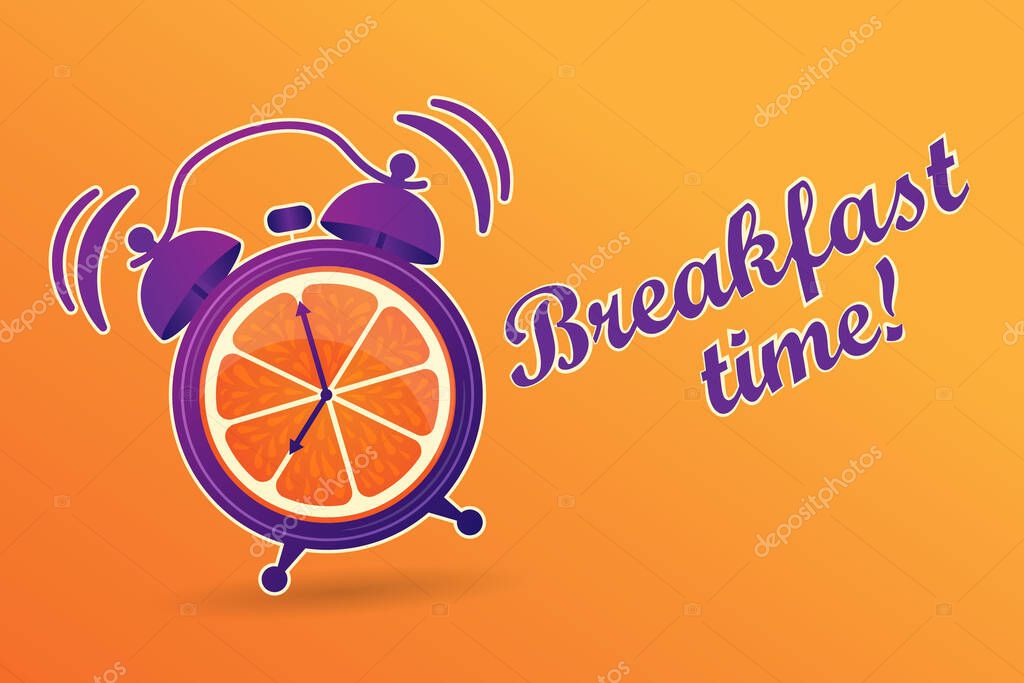 Breakfast time. Wake up. Good morning. Good start to the working day. Orange juice for Breakfast. Energetic, vitamin morning. The alarm clock rings to Wake up in the morning. Alarm clock with orange