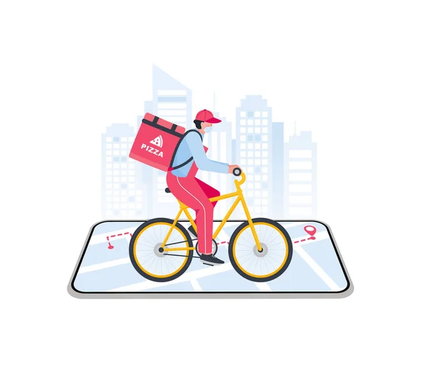 Courier on bicycle with parcel box on the back delivering food In city. — Stok Vektör