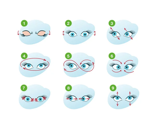 Oční cvičení nastaveno. Pohyb pro uvolnění očí. Při pohledu různými směry. — Stockový vektor