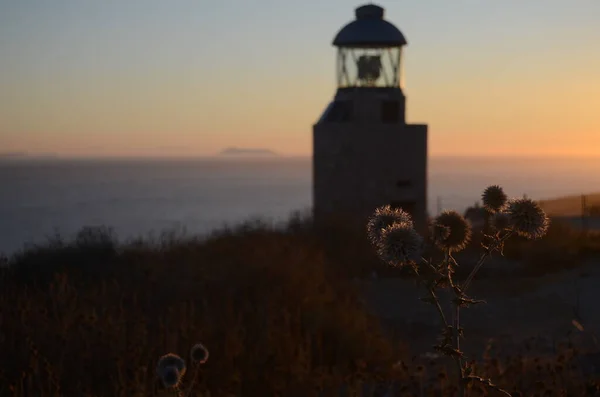 Abendlandschaft Mit Einem Leuchtturm Meer Und Trockenen Pflanzen Vordergrund — Stockfoto