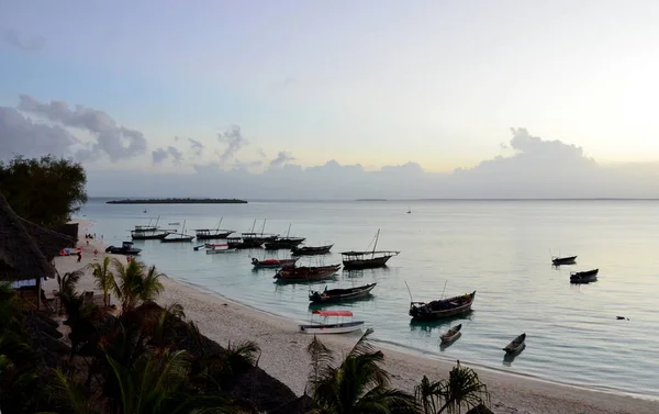 Landscape with an ocean bay with boats in the evening in Zanzibar