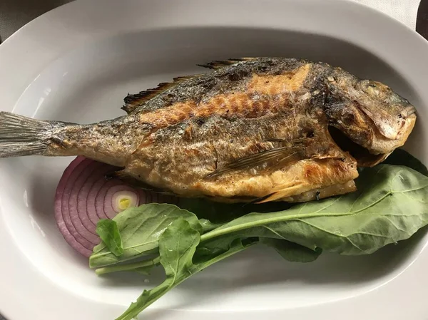 Salata Ile Servis Edilen Tabakta Kızarmış Dorado Balığı — Stok fotoğraf