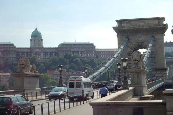 Pejzaż Miejski Ulicą Mostem Ozdobionym Posągami Lwów Stolicy Węgier Budapeszcie — Zdjęcie stockowe
