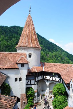 Yazın Romanya 'daki Bran Kalesi kuleleri olan antik bina 
