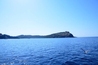 Yunanistan 'da yaz mevsiminde uzak mesafelerde uçan martıları ve dağları olan deniz manzarası 