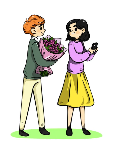 Pareja Con Ramo Flores Ilustración Vectorial Plana Color Aislada Sobre — Vector de stock